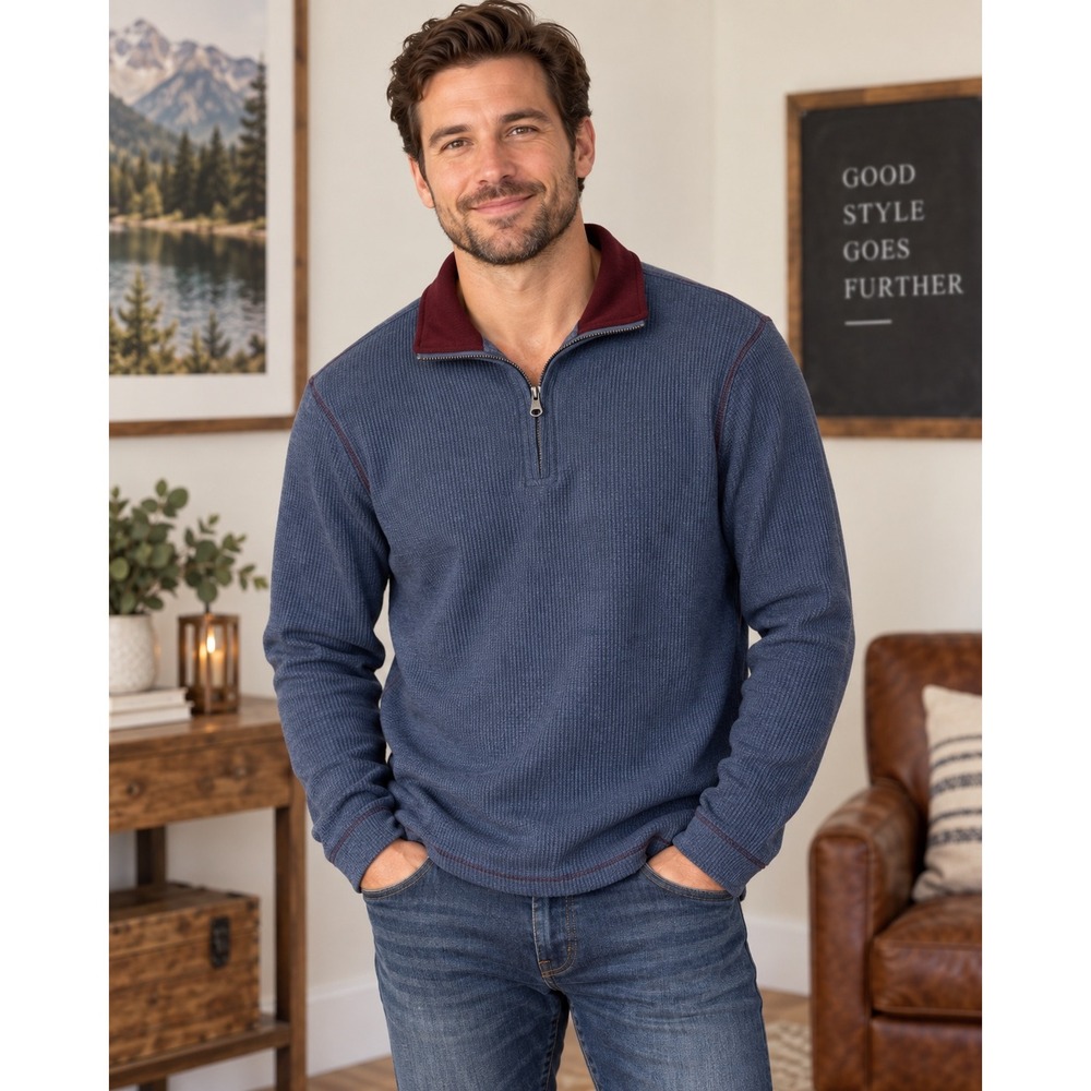 Report Collection Mens Large Navy Blue Waffle Knit Quarter Zip Pullover 236202ST